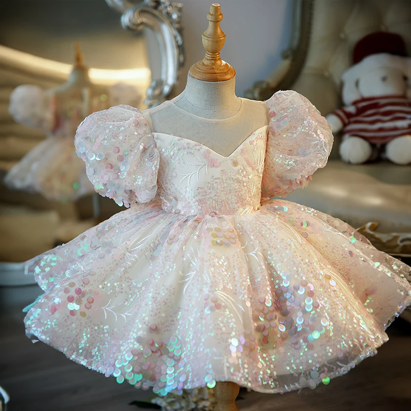 

Toddler Girls Party Birthday Sequin Dresses for Pageant Short Evening Gowns Kids Princess Champagne Luxury Gala Dress Children