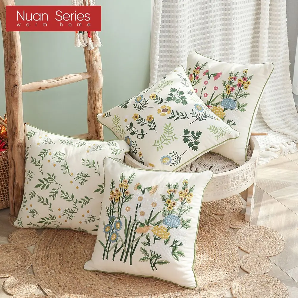 

1PC Multiple Patterns Cotton Cushion Cover Embroidery Flower Pattern Living Room Sofa Pillowcase For Home Decor Nuan Series