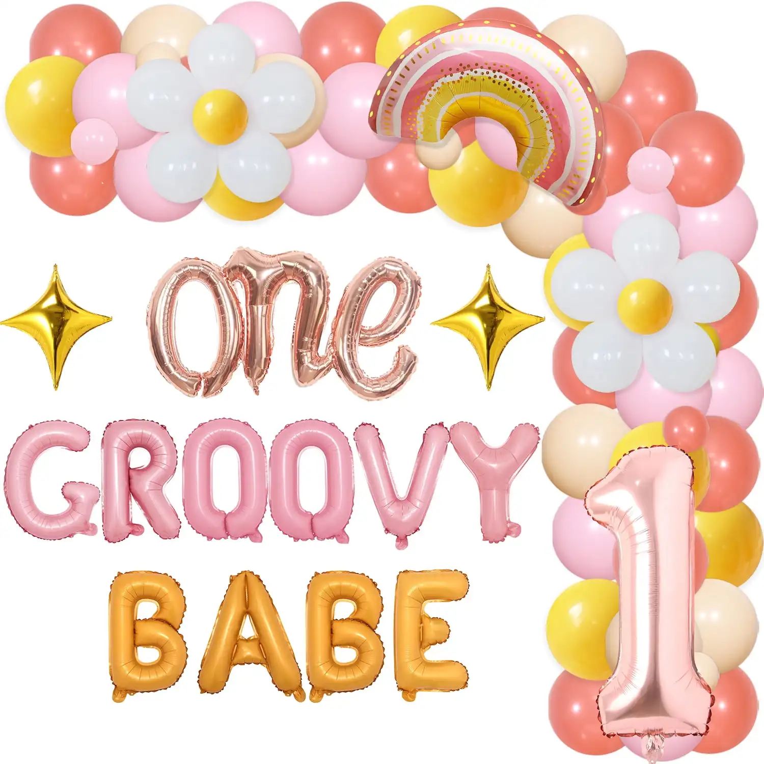 

One Groovy-Boho Balloon Garland Arch Kit, Daisy Flower, Foil Balloons for Baby Girl, Retro Hippie Decorations, 1st Birthday