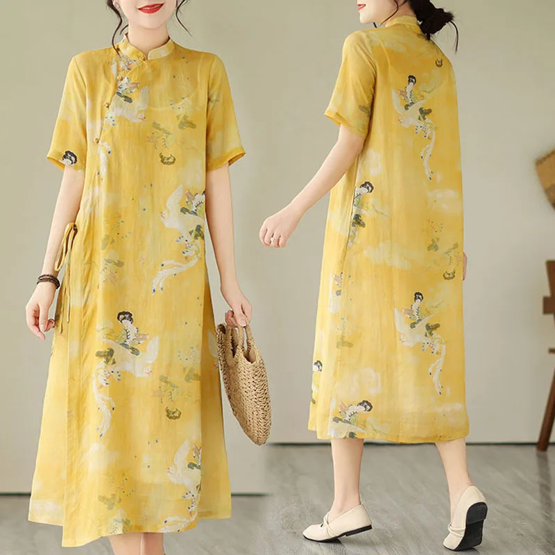 

2024 Women's Summer New Ramie Cheongsam Loose Slimming Buckle Artistic Retro Cotton and Linen Printing Dress