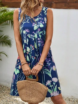 Vestido verão flores frescas estampa floral em torno do pescoço sem mangas
