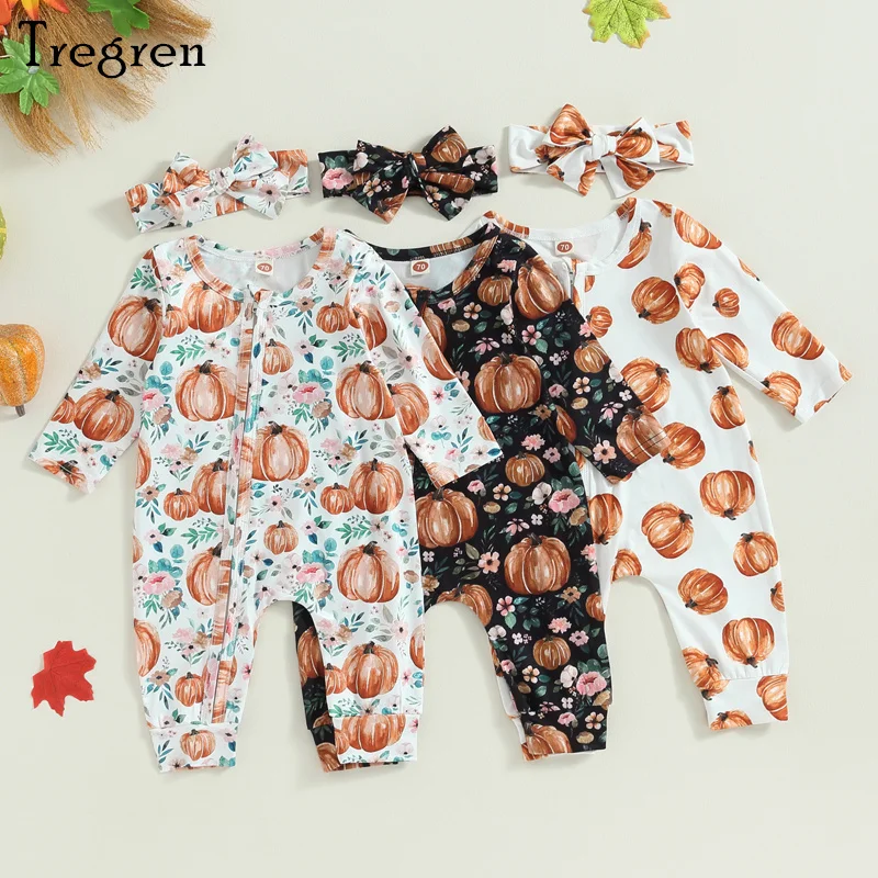 

Осенний наряд для маленьких девочек от 0 до 18 месяцев Tregren, повседневный комбинезон с длинным рукавом и принтом тыквы и цветов с повязкой на голову, одежда для Хэллоуина