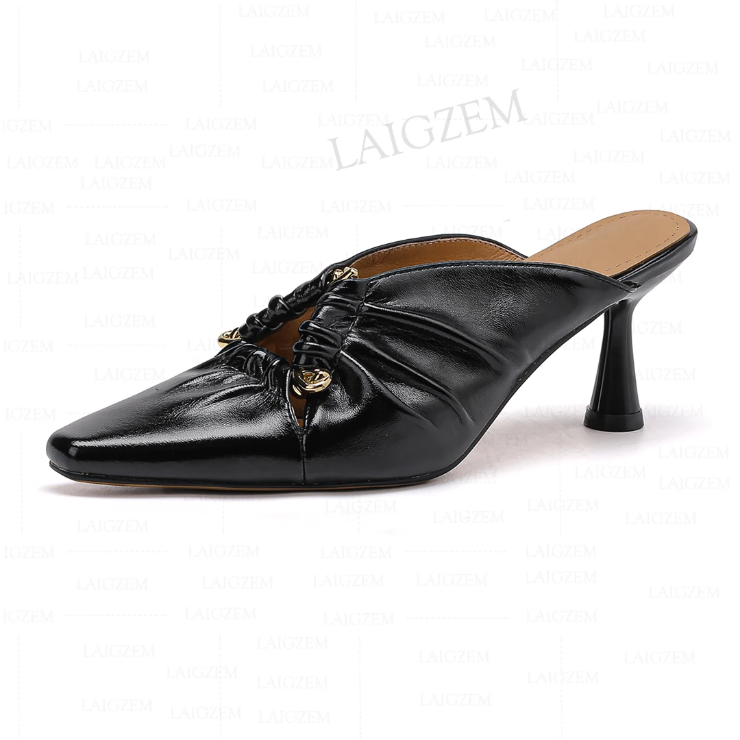 

LAIGZEM Celebrity Women Pumps Genuine Leather 7CM High Heels Sheepskin Mules Prom Handmade Female Shoes Woman Size 36 37 39 46