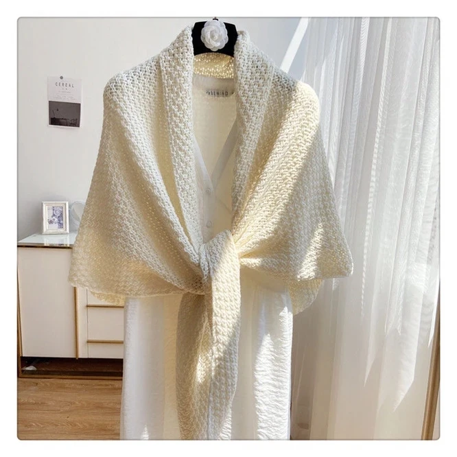

Однотонный зимний треугольный шарф, Женская Вязаная Шаль, палантины, большой теплый шейный платок, одеяло, женское пончо из пашмины, белый палантин
