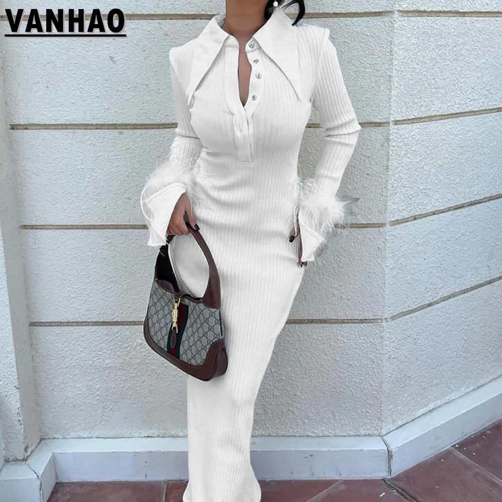 

VANHAO платья с длинным рукавом для женщин 2023 элегантные женские платья с лацканами в рубчик длинное платье весенняя одежда оптом Прямая поставка