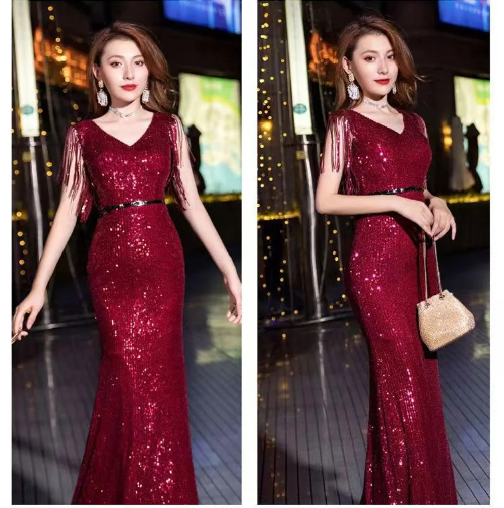 

Tassel Shoulder Blingbling Sequined Dress Party Evening Elegant Luxury Celebrity Ready-wear Dress