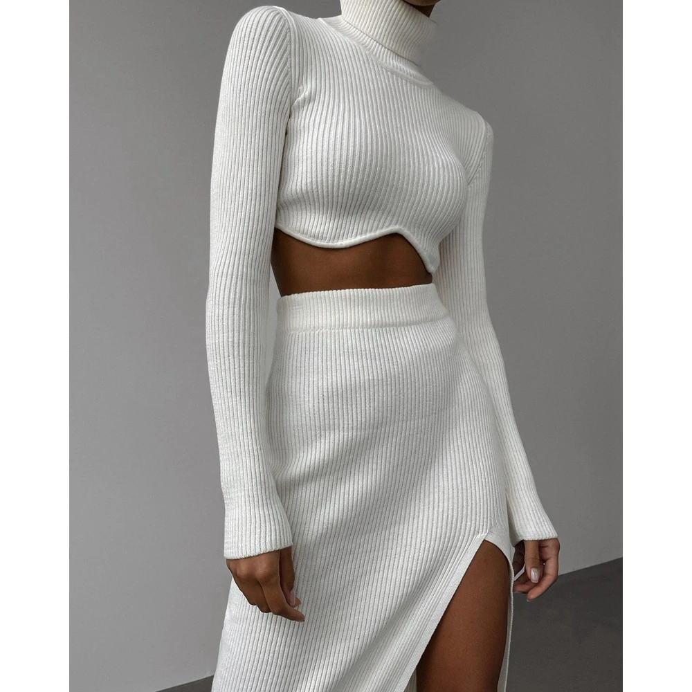 

Women Ribbed Asymetrical Long Sleeve Turtle Neck Crop Top & High Slit Midi Skirt Set Bodycon Solid Two Piece Solid Dress Set