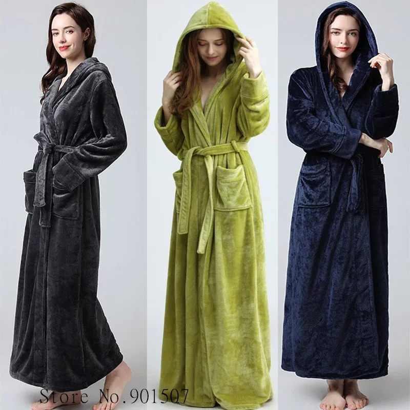 

Nightgown Women Loose Kimono Robes Winter Kimono Bath Warm Shower Coral Long Robe Fleece Cozy Bathrobe Peignoirs Extra Hooded