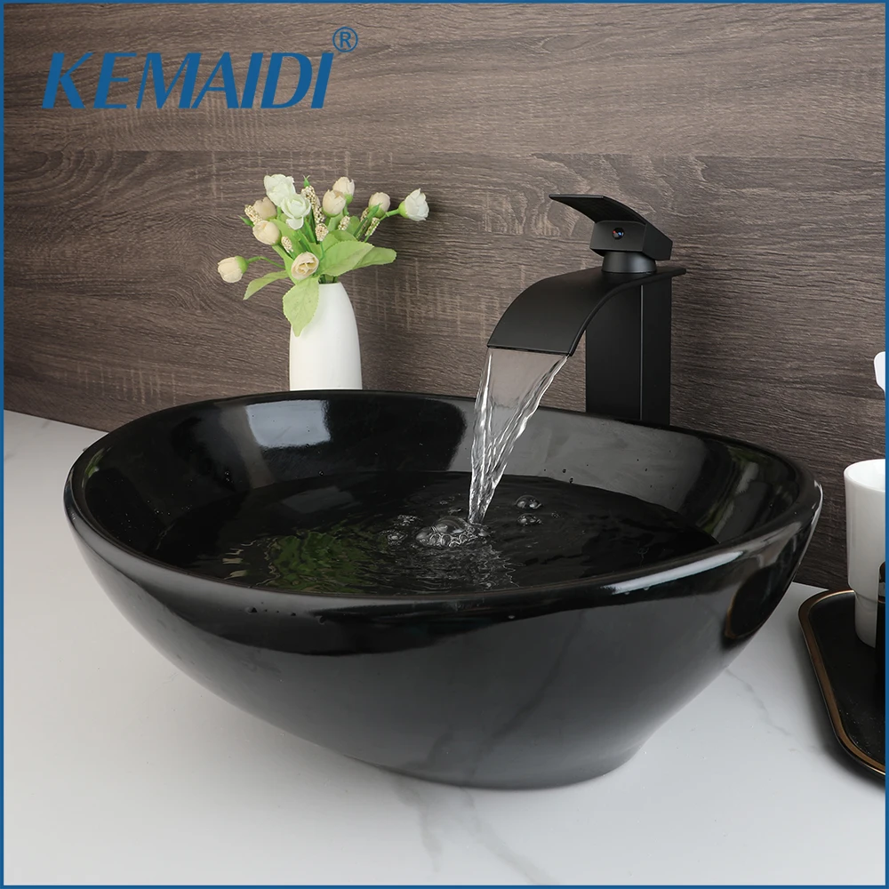 

KEMAIDI Oval Vessel Sink with Faucet Bathroom Vessel Sinks Above Counter Black Ceramic Vessel Sinks for Bathroom with Black Tap