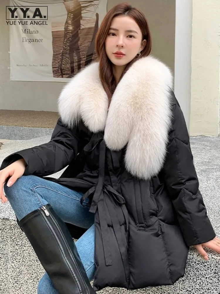 

Winter Women Loose Fit Lace Up Fox Fur Collar White Goose Down Jacket Mid Long Thick Warm Overcoat Luxury Ladies Outwear Coats