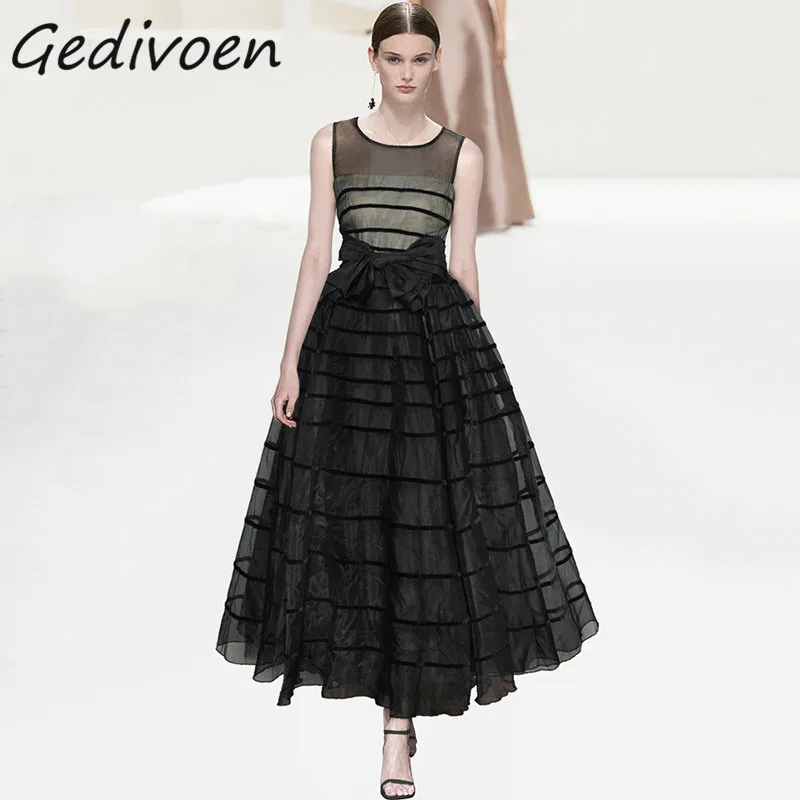 Gedivoen Summer Fashion Designer Vintage Striped Mesh Dress Women's O-Neck High Waist Bow Frenulum Party Temperament Long Dress
Gedivoen Summer Fashion Designer Vintage Striped Mesh Dress Women's O-Neck High Waist Bow Frenulum Party Temperament Long Dress