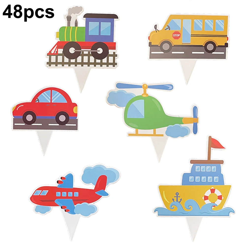 

48pcs Transportation Party Cupcake Toppers for Kids Traffic Theme Birthday Decorations Car Bus Train Plane Ship Cake Decorative