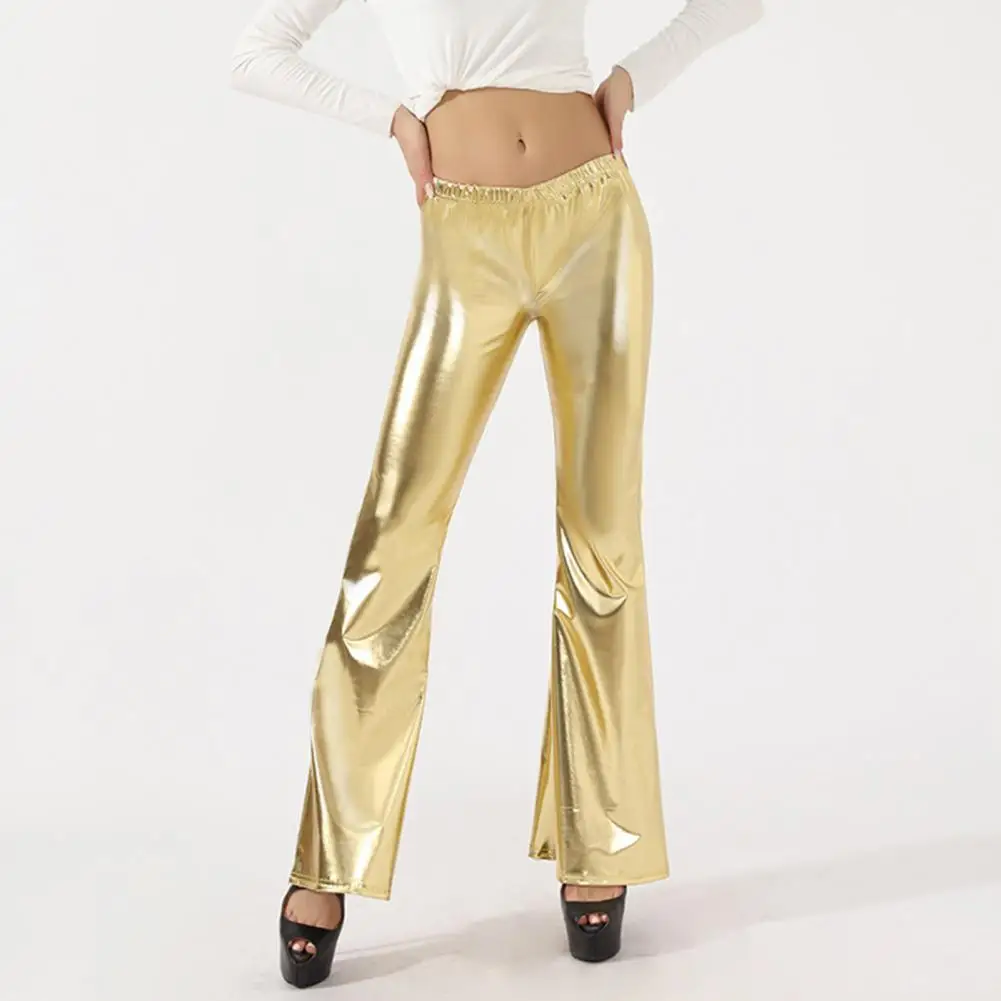 

Solid Color Bell-bottom Pants Bright Color Faux Leather Flared Pants for Women Slim Fit Mid-rise Trousers with Elastic Waist