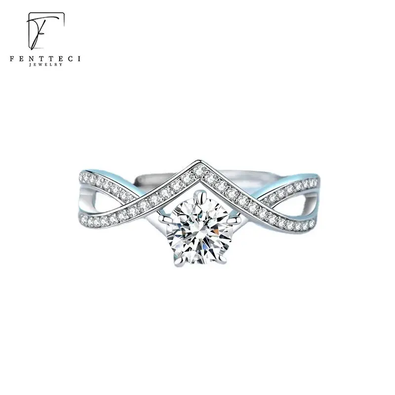 

FENTTECI 925 Sterling Silver Platinum Plated Luxury 1ct Moissanite D Color Ring for Women Cross V-Shaped Twist Arm Ring Wedding
