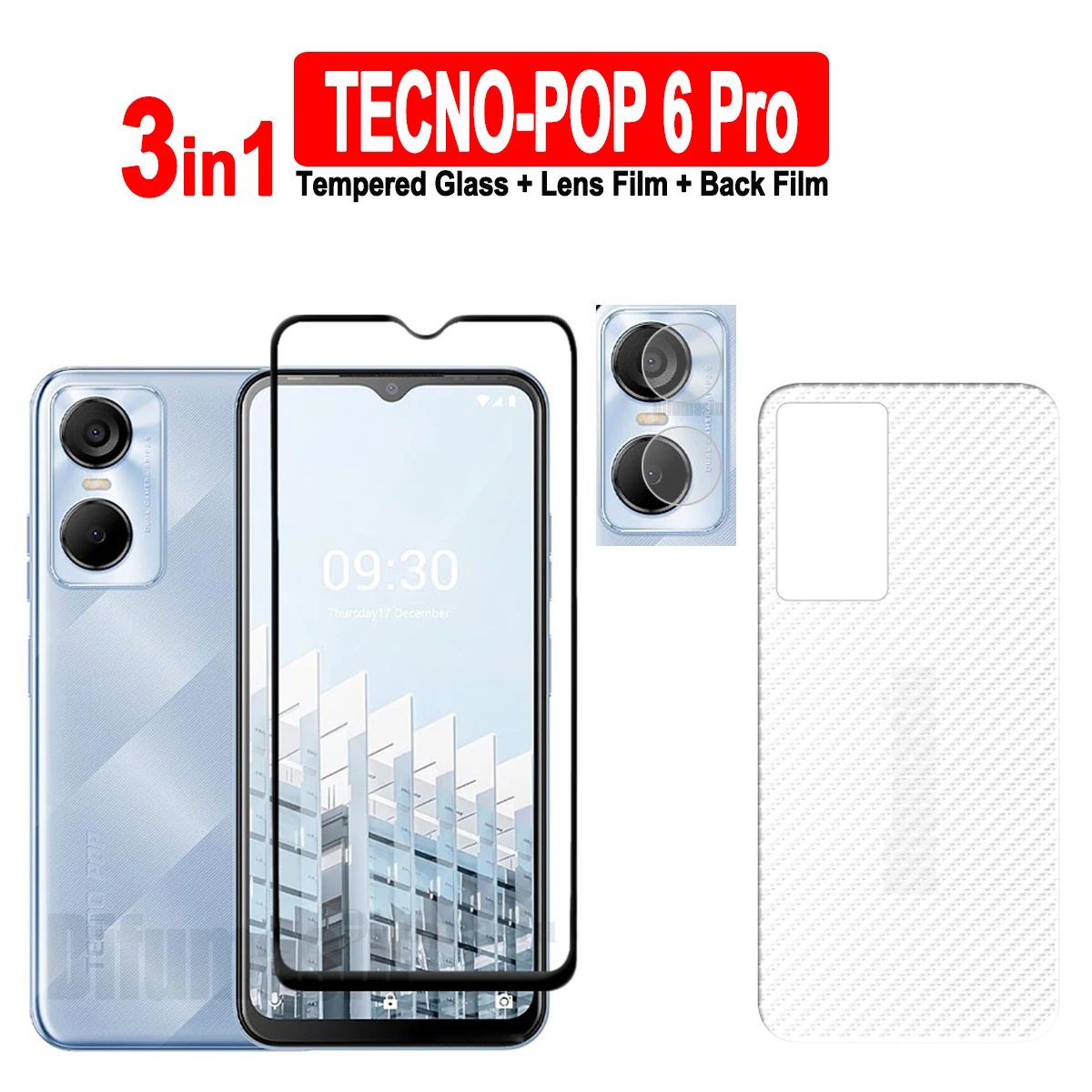 

For Tecno POP 6 Pro Tempered Glass Screen Protectors Soft Camera Lens Protector Full Cover Screen Glass 3in1 Back Film