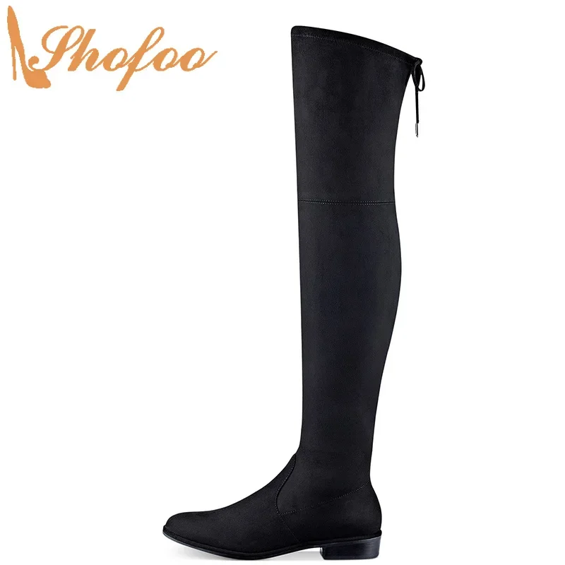 

Черные женские ботфорты на низком квадратном каблуке с круглым носком, женские флоковые Сапоги на молнии, большой размер 12 14, модная женская обувь