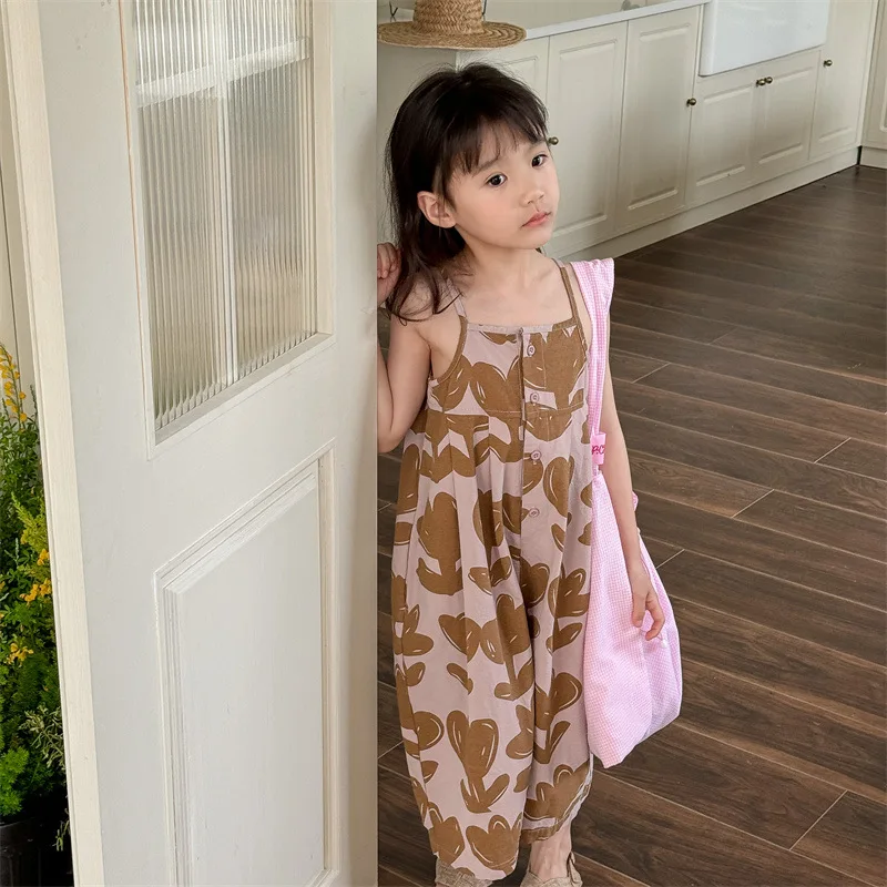 

2024 Summer Children Girl Overalls Flower Print Toddler Overalls Cotton Kids Suspender Pants Loose Girls' Sleeveless Jumpsuits