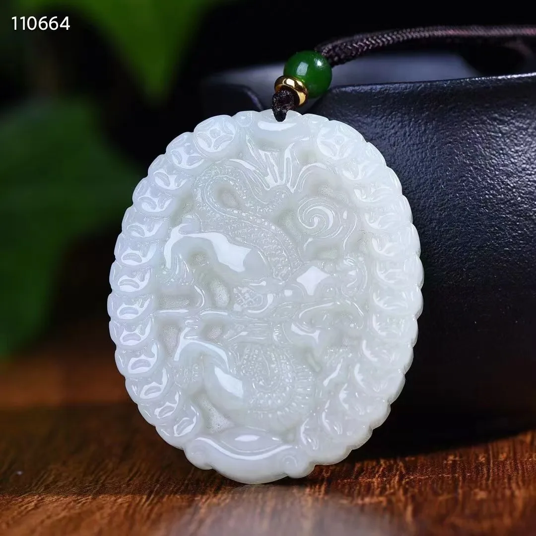 

Natural 100% real white hetian jade carve dragon Bless peace pendant jewellery Handle piece for men woman gifts good luck