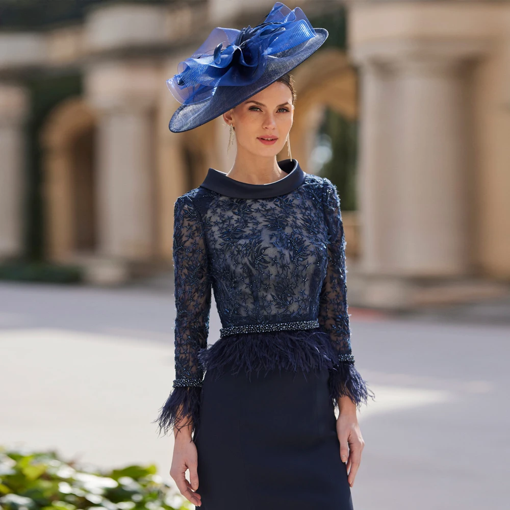 Elegant Mermaid Mother of the Bride Dresses O Neck Long Sleeves Wedding Party Gowns Appliques Feather Tea Length فساتين السهرة
Elegant Mermaid Mother of the Bride Dresses O Neck Long Sleeves Wedding Party Gowns Appliques Feather Tea Length فساتين السهرة