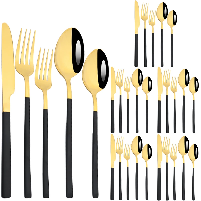 

Набор столовых приборов AJOYOUS, набор из 30 предметов из нержавеющей стали, нож, вилка, чайная ложка, черная, Золотая посуда, Западная посуда, домашняя кухня