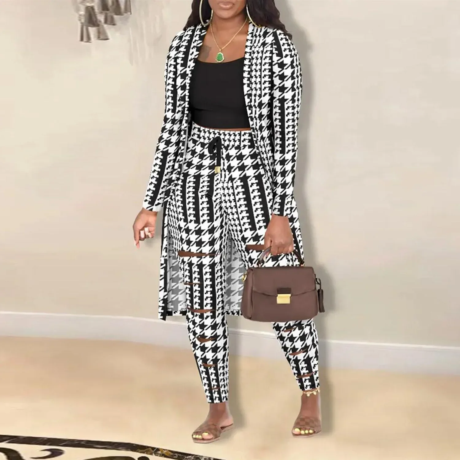 

Women Houndstooth Long Sleeve Open Stitch Cardigan Cutout Pants Suit Fashiont Two 2 Piece Set Outfits Tracksuit