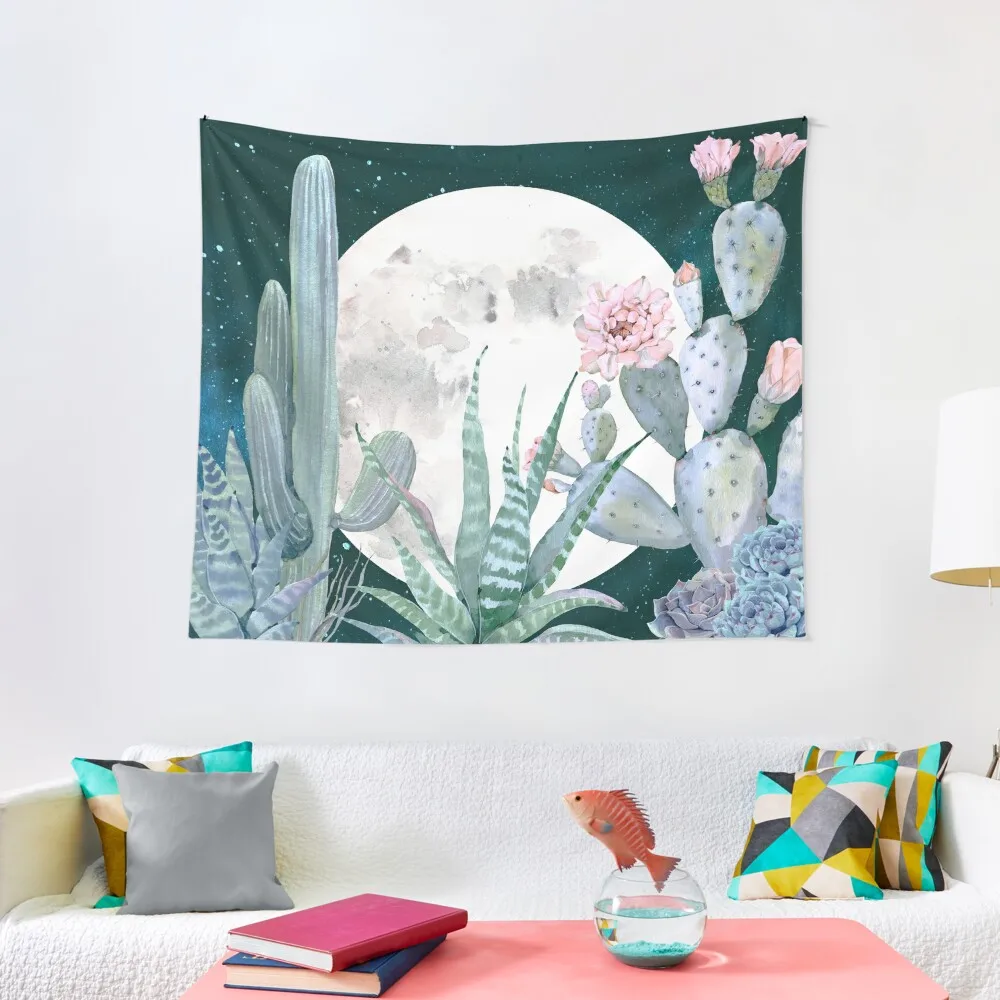 

Cactus Nights Pretty Pink and Blue Desert Stars Cacti Illustration Tapestry room decor for girls decorative wall murals
