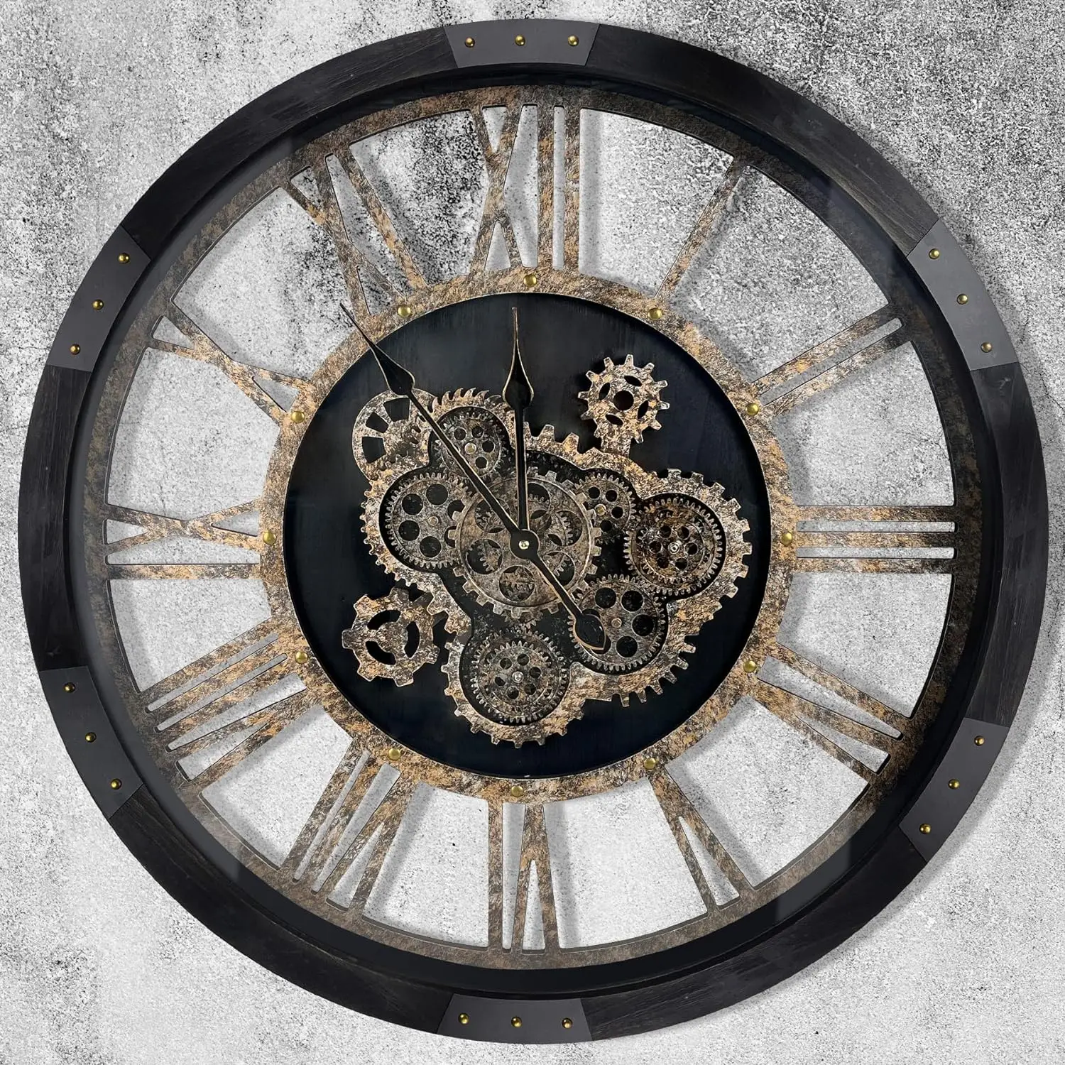 

27 inch Large Real Moving Gears Wall Clock with Toughened Glass Cover, Oversized Solid Wood Retro Farmhouse Clock(Black)