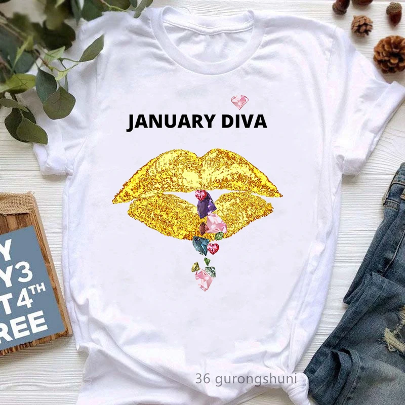 

2022 January Diva Golden Lips Graphic Print T Shirts Girls Funny White Makeup Tshirt Femme Summer Short Sleeve T-Shirt Female