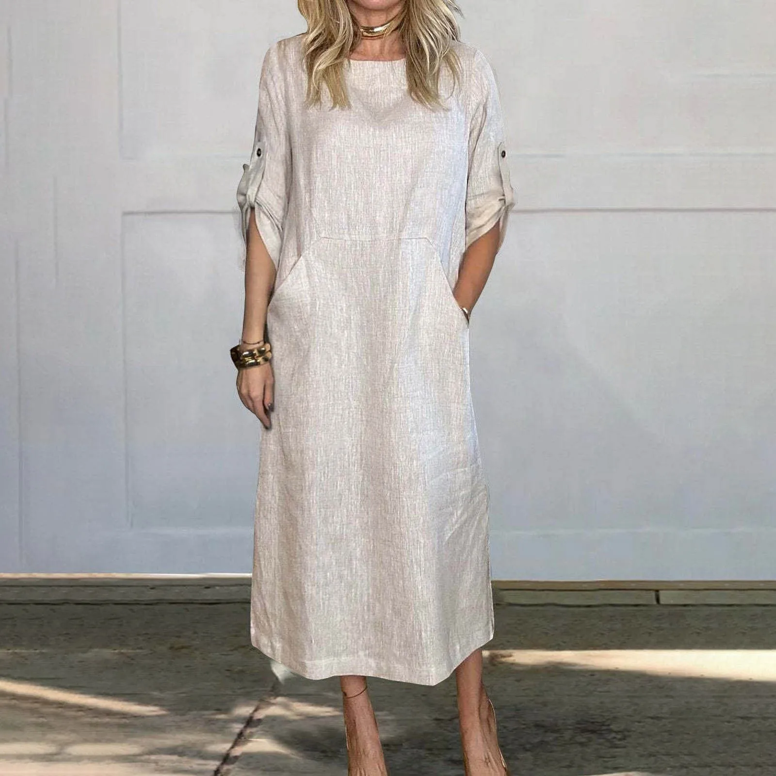 Elegant Short Sleeve Linen Long Dress Fashion Crew Neck Straight Pullover Dress Women Temperament Solid Pocket Office Dress 2024 
Elegant Short Sleeve Linen Long Dress Fashion Crew Neck Straight Pullover Dress Women Temperament Solid Pocket Office Dress 2024