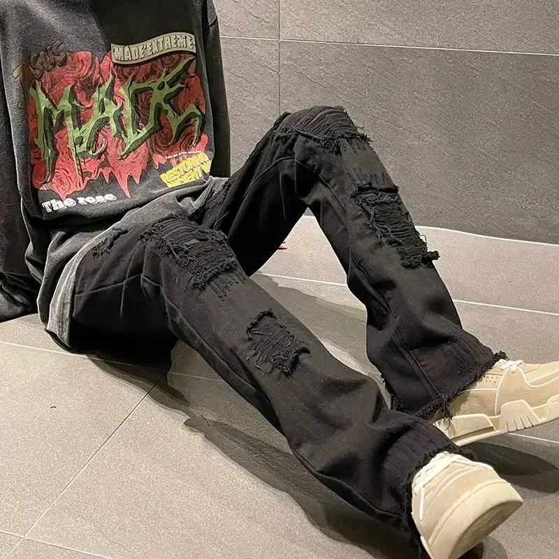 

Male Cowboy Pants Straight Jeans for Men Ripped Trousers with Holes Broken Torn White Regular New in 90s Streetwear 2023 Fashion