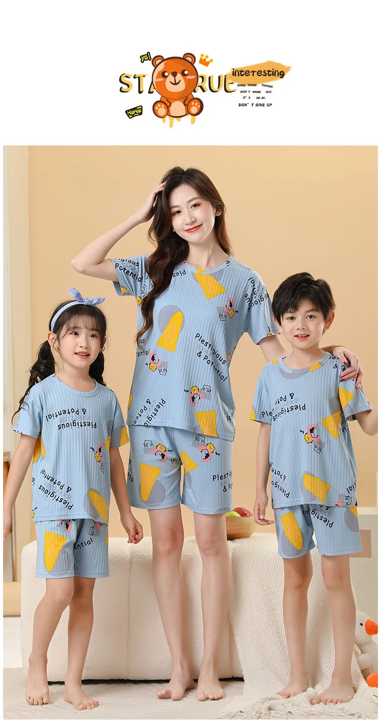 2 pieces for boys and girls pajamas Summer parent-child thin short sleeve cute neutral children's set Cute Children's homewear 2 pieces for boys and girls pajamas Summer parent-child thin short sleeve cute neutral children's set Cute Children's homewear
