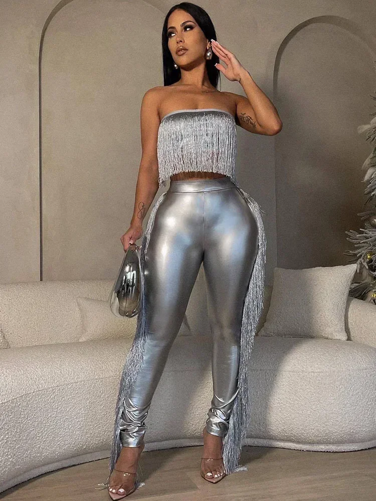 

Znaiml Metallic Tassels Pencil Pants and Strapless Crop Top Matching Sets for Women 2 Piece Birthday Night Club Girl Outfits