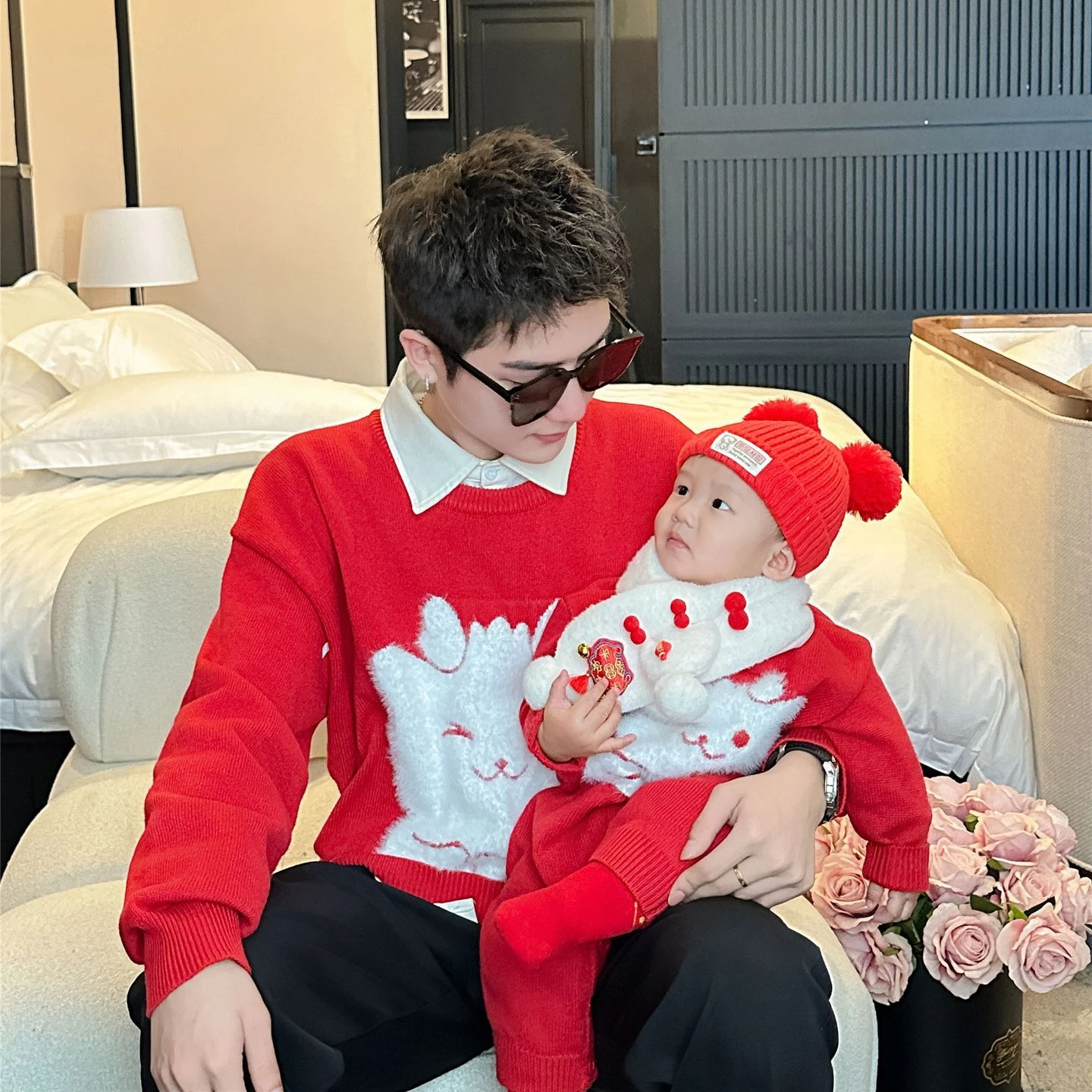 

С Новым Годом 2024 одежда для всей семьи вязаный красный китайский папа мама и сын дочь свитер детский комбинезон