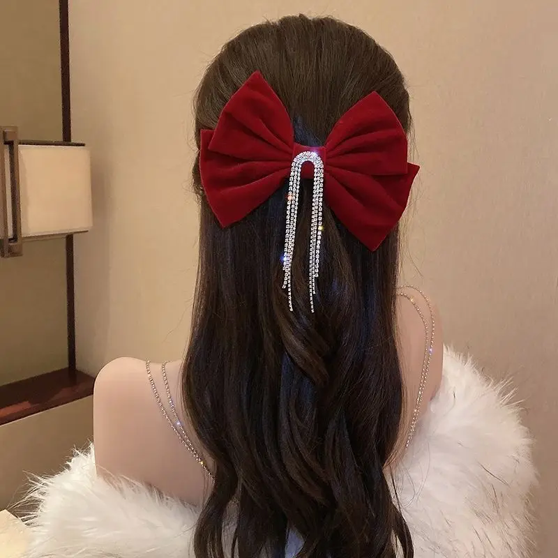 Large Bowknot Korean Velvet Hair Pins Fabric Rhinestone Tassels Hair Clips Women Luxulry Jewelry Spring Clip Gils Accessories
Large Bowknot Korean Velvet Hair Pins Fabric Rhinestone Tassels Hair Clips Women Luxulry Jewelry Spring Clip Gils Accessories