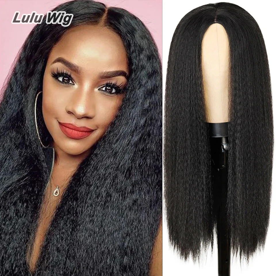 Фото 200 Density Glueless Yaki Natural Long Kinky Straight Wigs For Black Women Wig Hairline with Baby Hair Afro | Шиньоны и парики