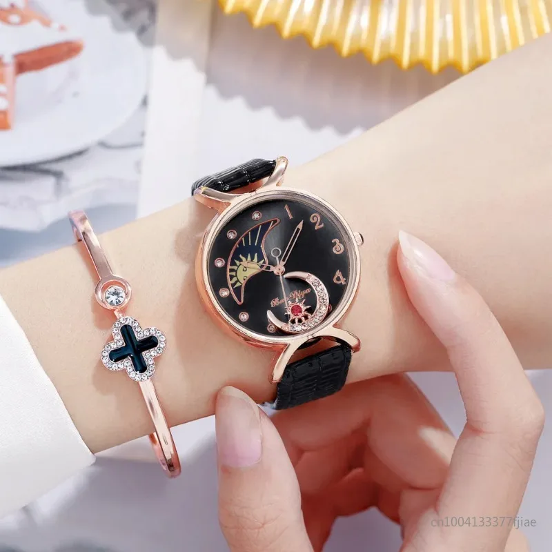 

Elegant Moon Diamonds Watches Women Luxury Quartz Wristwatches Casual Female Leather Watch Creative Montre Femme Часы Женские 시계