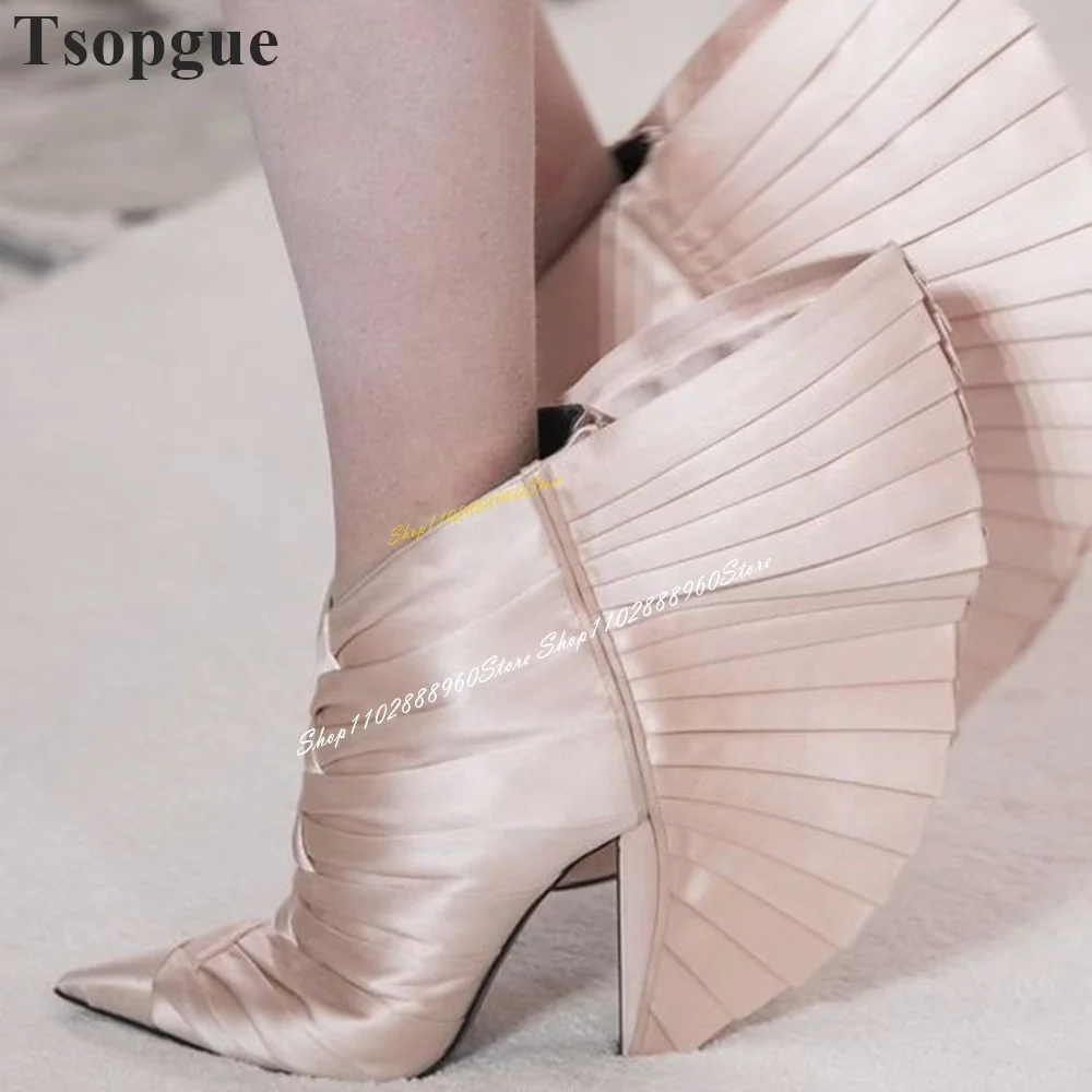 

Runway Champagne Silk Ruffles Decor Ankle Boots Thin High Heel Shoes For Women Back Zipper Pointed Toe 2024 Zapatos Para Mujere