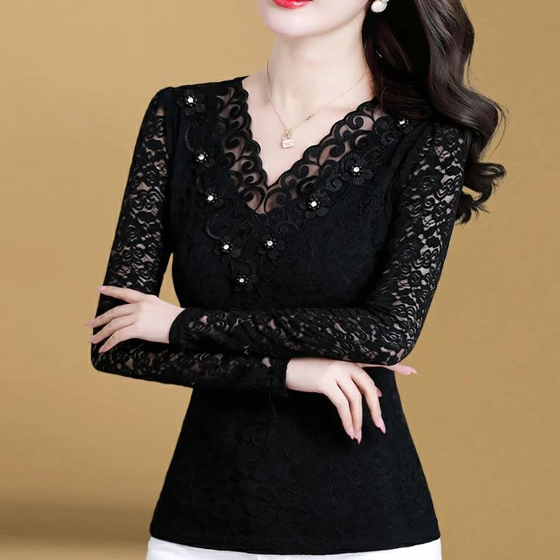 

Элегантная Модная шикарная винтажная рубашка для осени, женская модная эстетичная кружевная офисная Дамская универсальная ажурная кружевная рубашка с V-образным вырезом и бисером