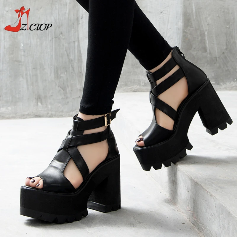 

High Heels Summer Women Sandals Platform Peep Toe Chunky Heeled Sandals Back Zipper Fashion Party Pumps Gladiator Shoes