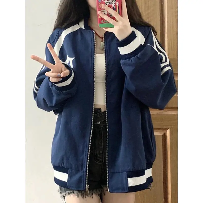 

Deeptown Vintage Bomber Jacket Women Blue Korean Fashion Streetwear Track Baseball Jackets Zipper College Varsity Oversized Cool