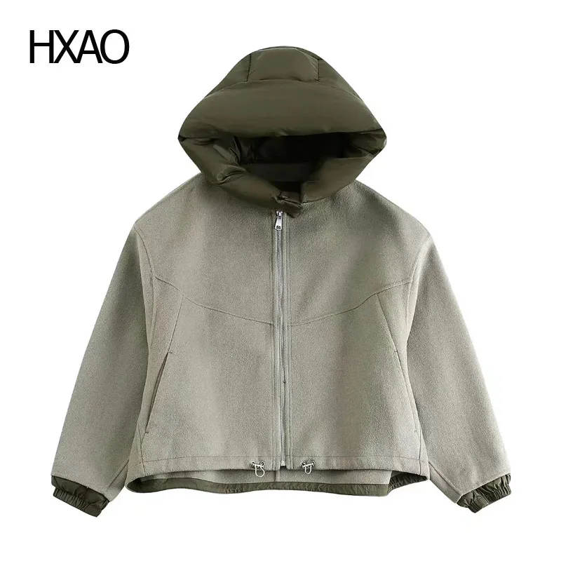 

HXAO Women's Jacket Patchwork Wool Coats Winter Fleece Jacket with Hooded Zip Demi-Season Cropped Jacket New In Outerwears 2024