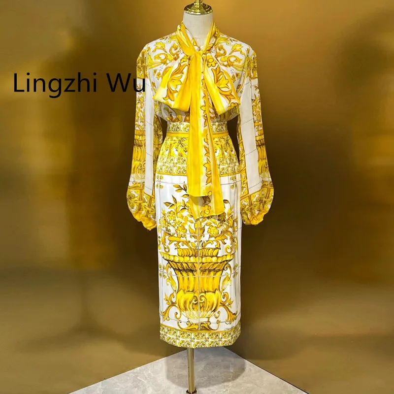 Женская шелковая юбка с высокой талией Lingzhi Wu, желтый костюм с фарфоровым принтом, Свободная блузка, костюм-двойка, лето 2024