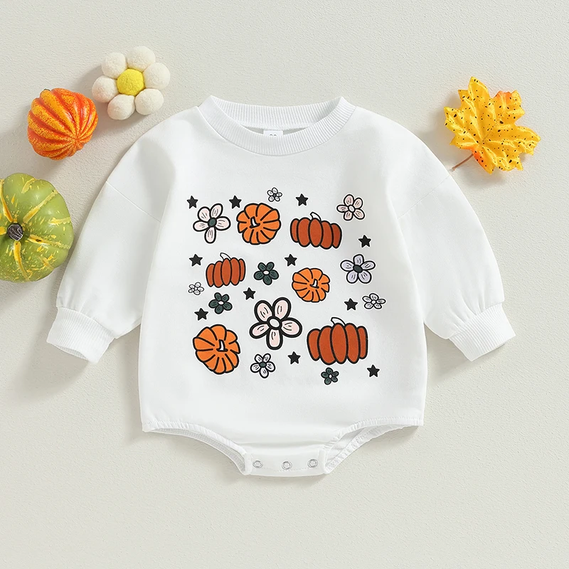 

2023-07-07 Lioraitiin 0-18M Infant Baby Girls Halloween Bodysuit Long Sleeve Crew Neck Flower Pumpkin Print Jumpsuit