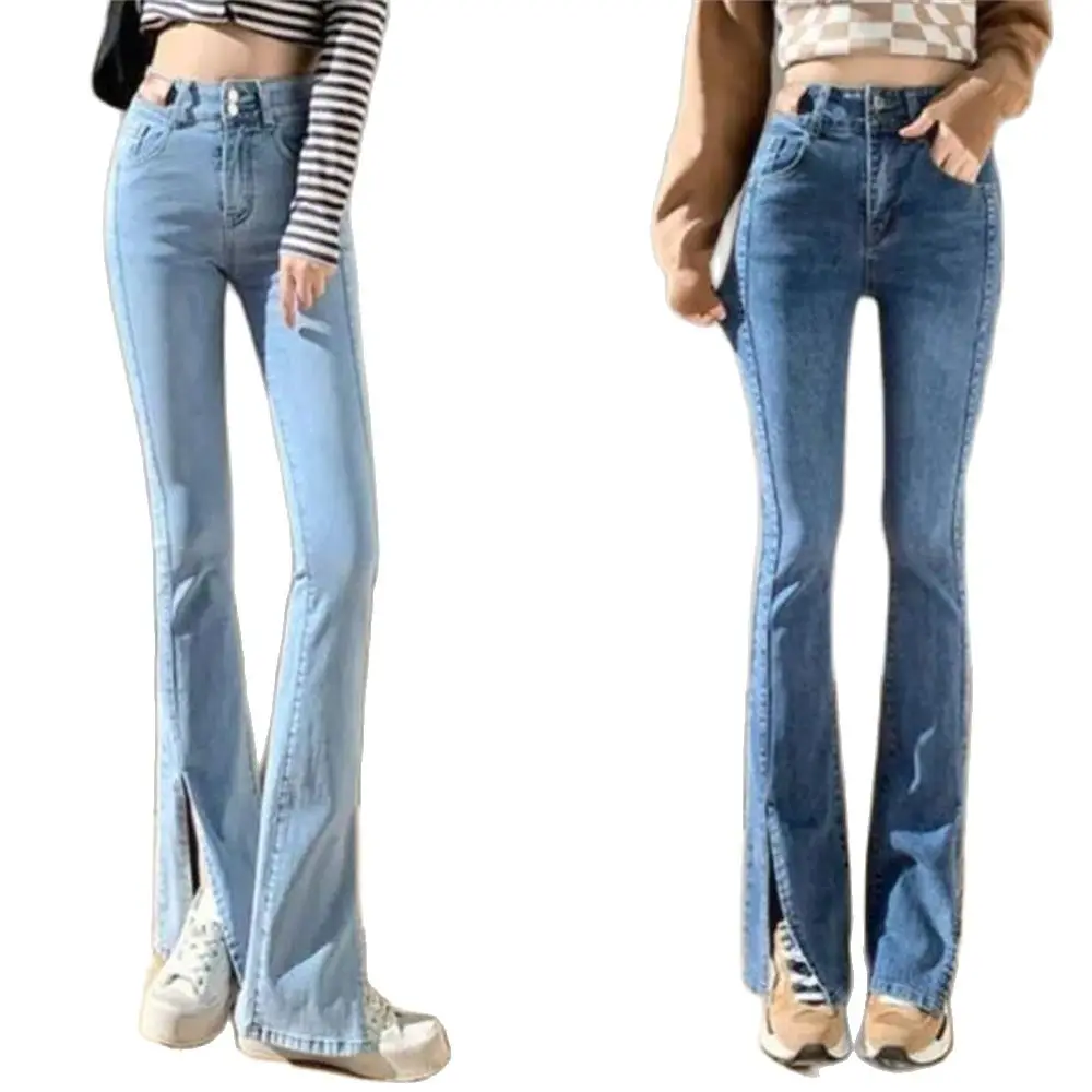 

Женские джинсовые брюки, женские джинсы полной длины с высокой талией, облегающие джинсы с разрезом и пуговицами, женские расклешенные джинсы с подолом, осень
