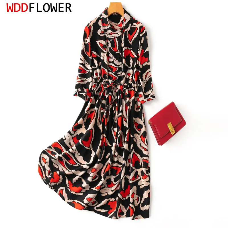 

Women Silk Midi Dress 100% Mulberry Silk Crepe Silk Collared Black Red Abstract Printed 3/4 sleeve Belted Waist Long Dress MM755