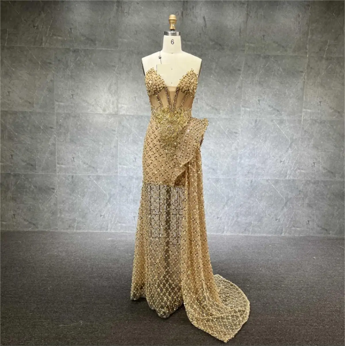 

Gold Cocktail Dress Bandeau Sexy Sheer Mini Prom Party Gown Gorgeous Beaded Sequin Lace Classic One-Sided Train Newest robe cock