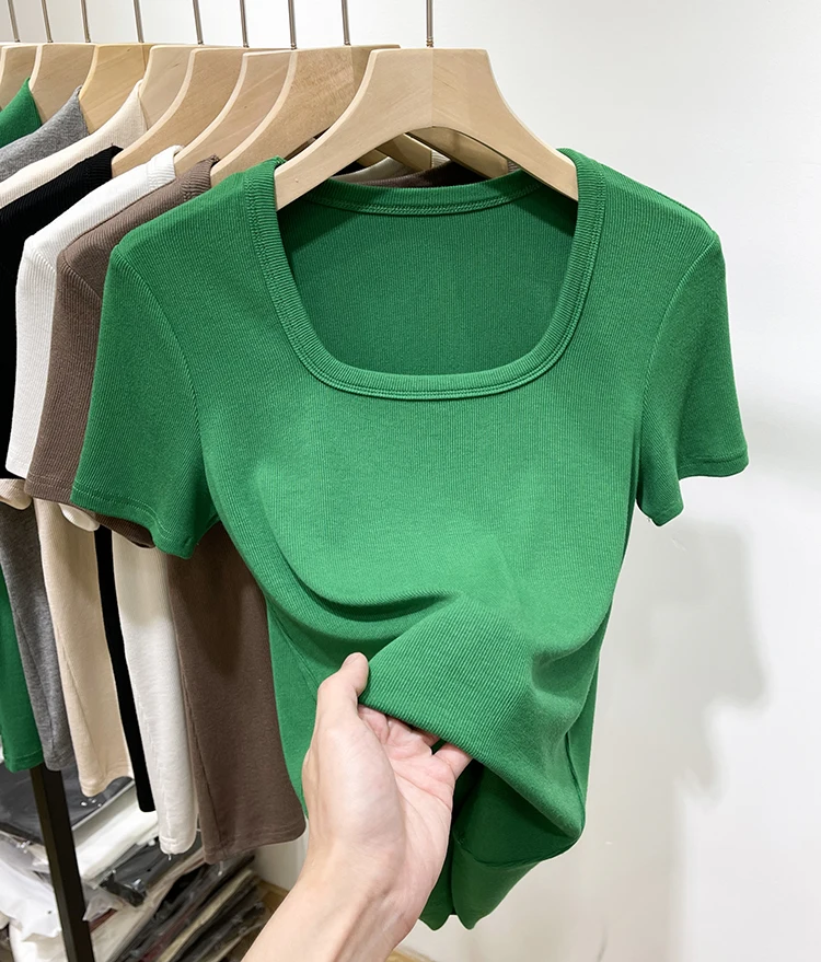 تي شيرت نسائي جديد لعام 2024 بقصة ضيقة وأكمام قصيرة، ياقة مربعة مع تصميم خيوط، أنيق للربيع والصيف، ملابس كاجوال عصرية تي شيرت نسائي جديد لعام 2024 بقصة ضيقة وأكمام قصيرة، ياقة مربعة مع تصميم خيوط، أنيق للربيع والصيف، ملابس كاجوال عصرية