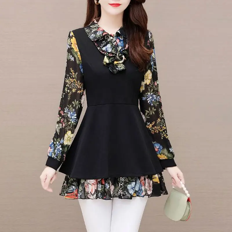 

Женская Офисная винтажная блузка с разбитыми цветами, приталенная весенне-осенняя Женская одежда, стильная рубашка с отворотами и пуговицами с оборками