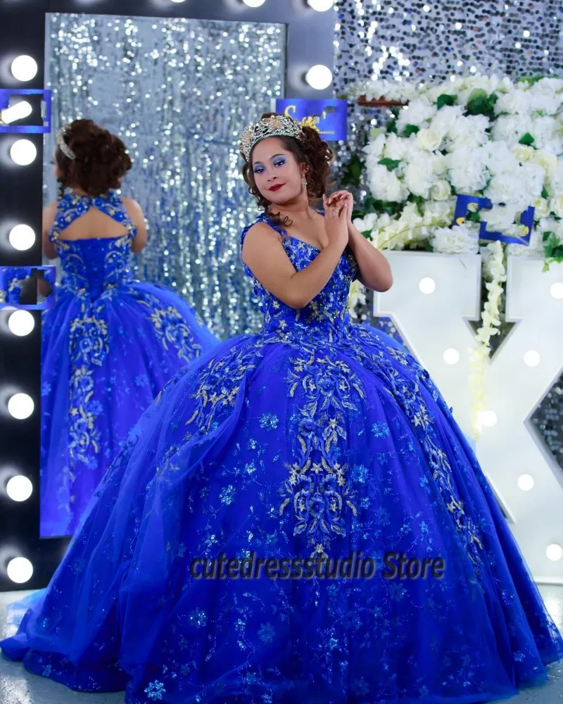

Vestidos De 15 Años 2022 Royal Blue Quinceanera Dresses Floral Applique Backless Qunice XV Sweet 16 Princess Party Gowns