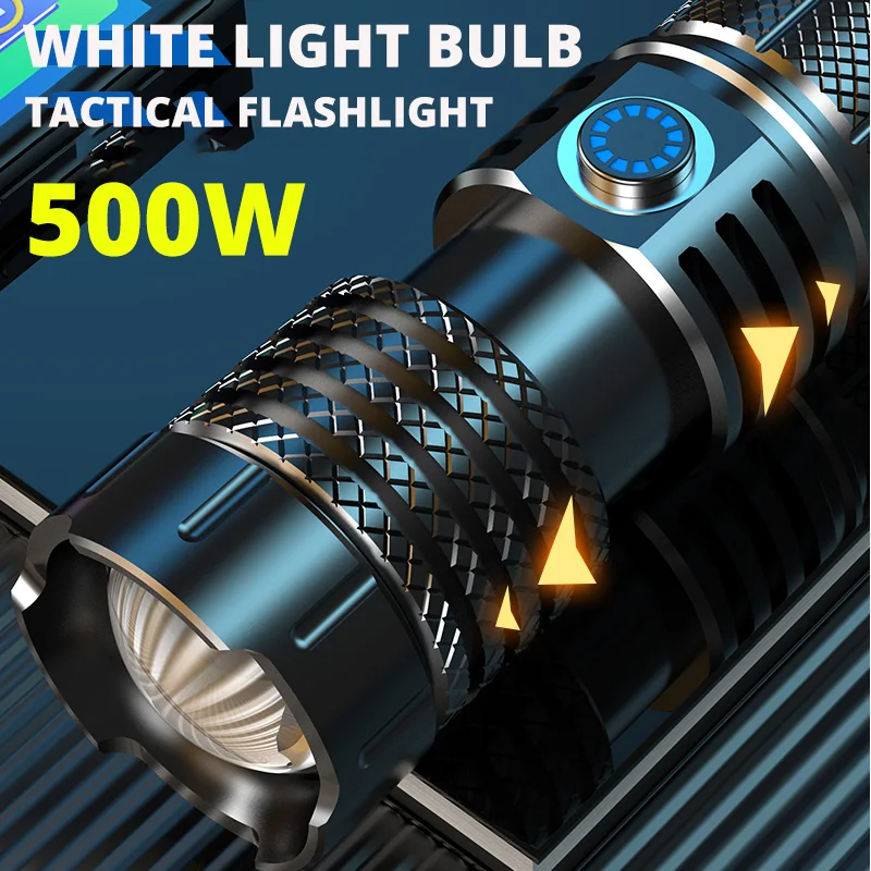 Powerful LED Flashlight Long-range White Spotlight Bulb 500W Tactical Torch TYPE-C USB Charging Telescopic Zoom By 26650 Battery
Powerful LED Flashlight Long-range White Spotlight Bulb 500W Tactical Torch TYPE-C USB Charging Telescopic Zoom By 26650 Battery